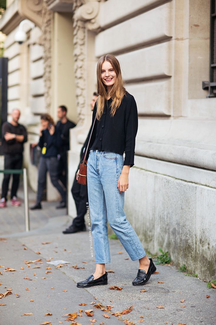 Black Top, Jeans and Black Loafers