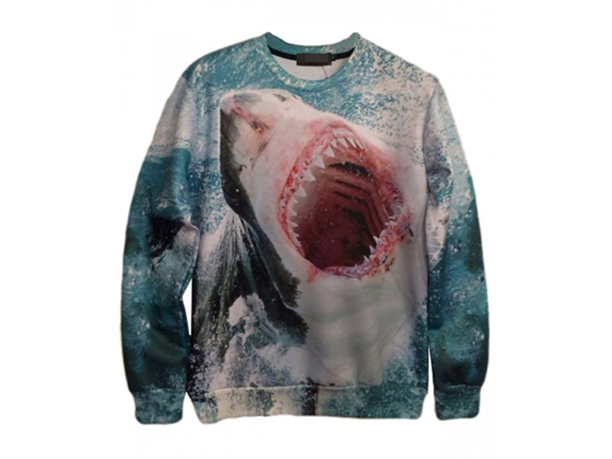 Blue Womens Crew Neck Jumper Craze Shark Printed Sweatshirt, $17