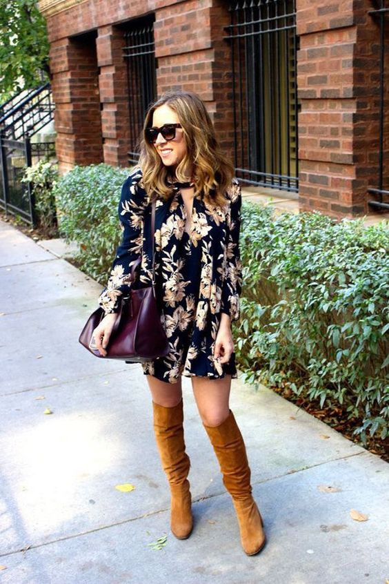 floral-dress-and-knee-high-boots via