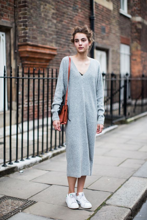 V-neck Knit Dress and White Sneakers via