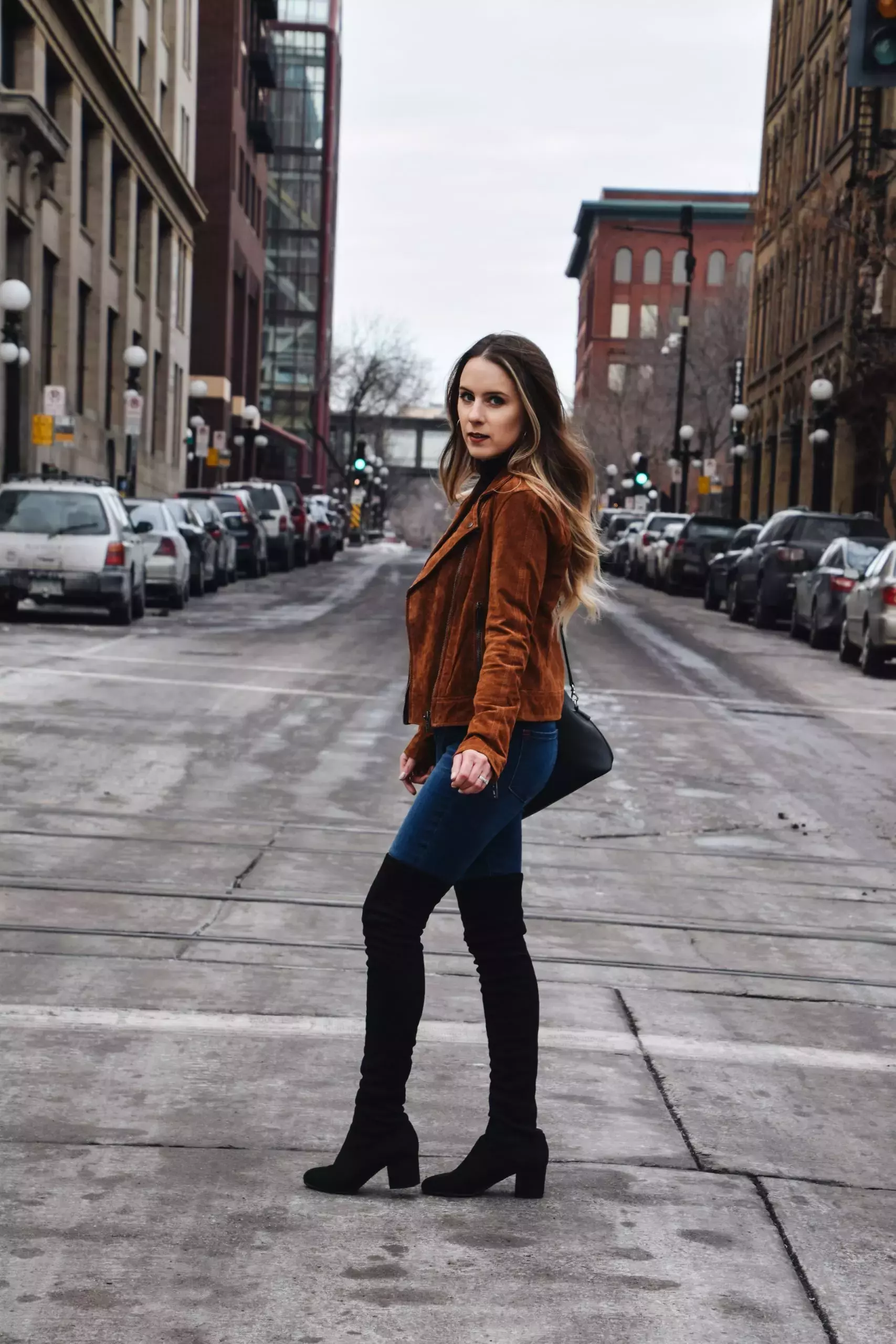 Brown Suede Jacket Dark Denim Over the Knee Boots