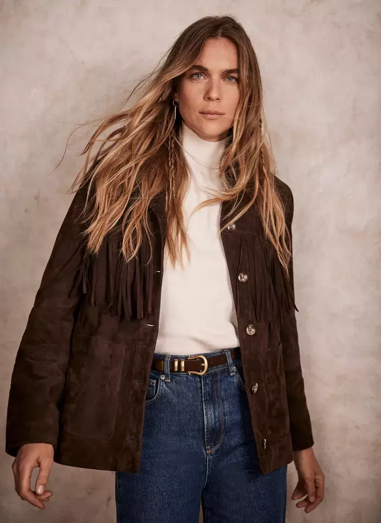 Fringed Dark Brown Suede Jacket High Waisted Jeans Turtleneck