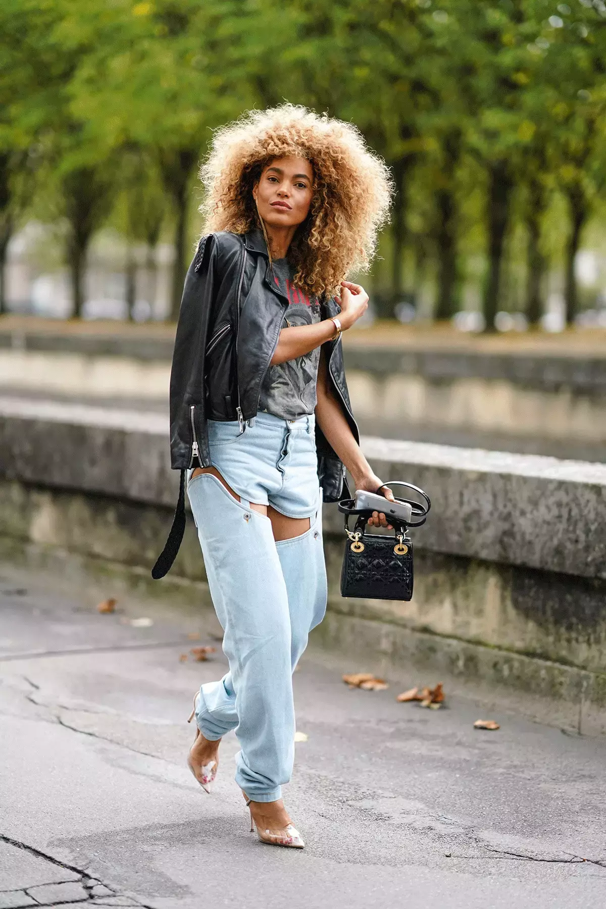 Leather Jacket Straight Leg Jeans Mini Bag