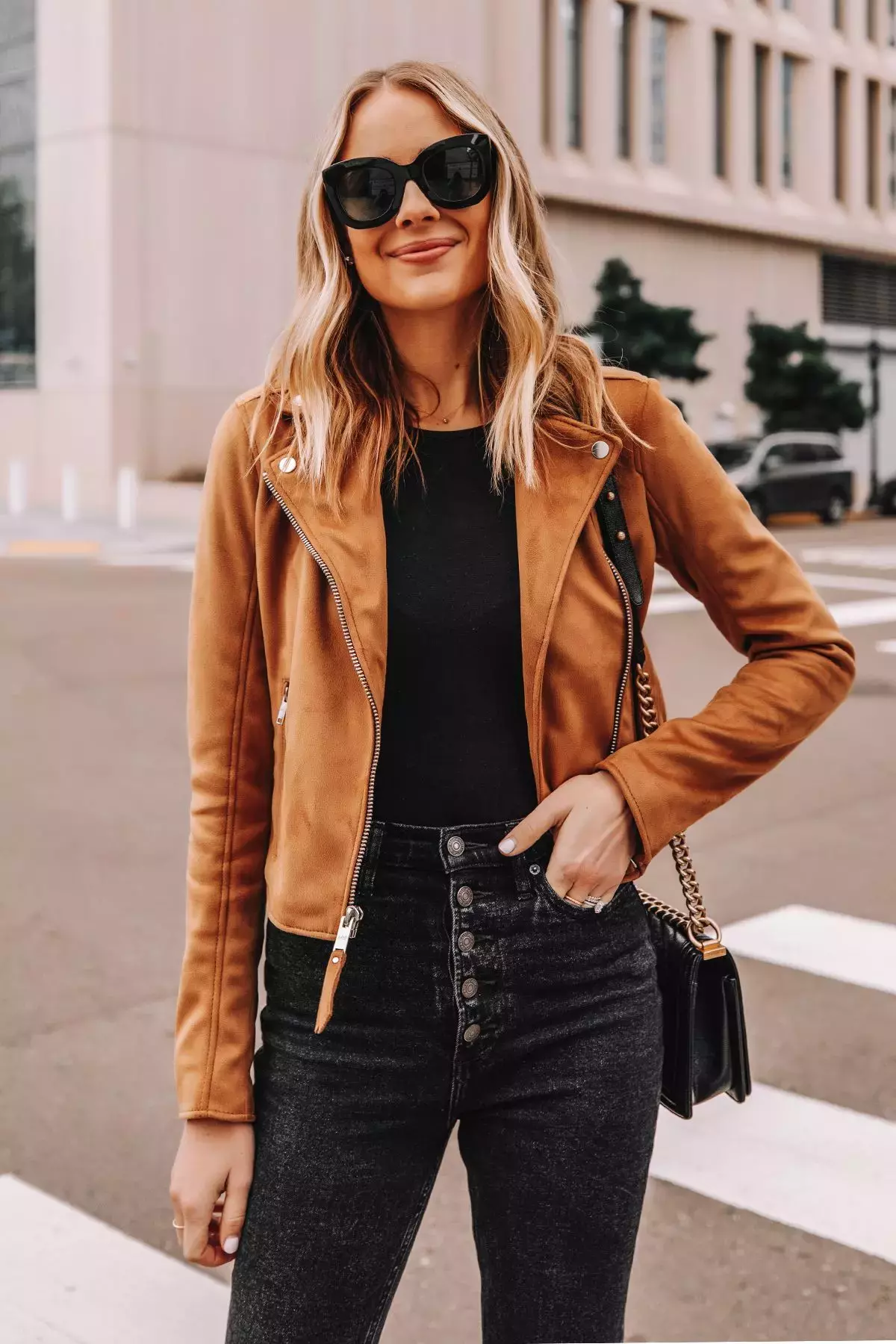 Tan Suede Jacket Black Top High Waisted Jeans